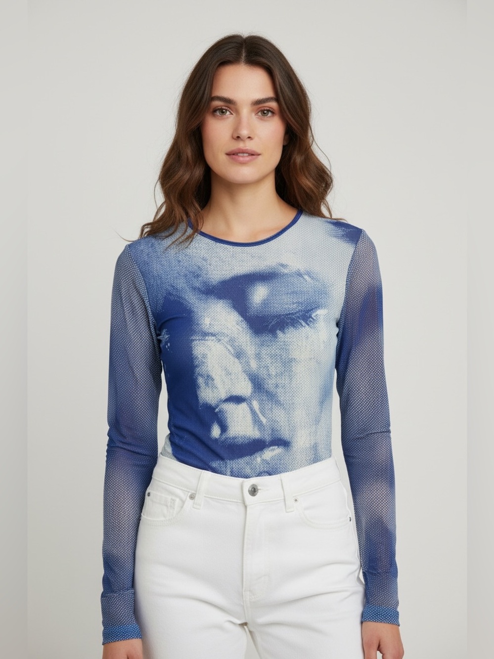 Zara Blue Graphic Mesh Long-Sleeve Tee